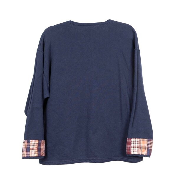 Plaid Patchwork Cardigan Sweatshirt L Blue Beige Red Contrast 90s Mom Grammacore - Picture 4 of 4